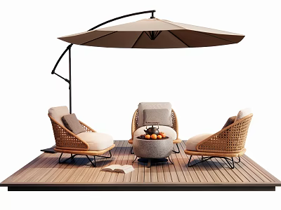 Wicker Outdoor Chairs With Cushions Under Patio Umbrella On Wooden Deck And Round Table 3d model