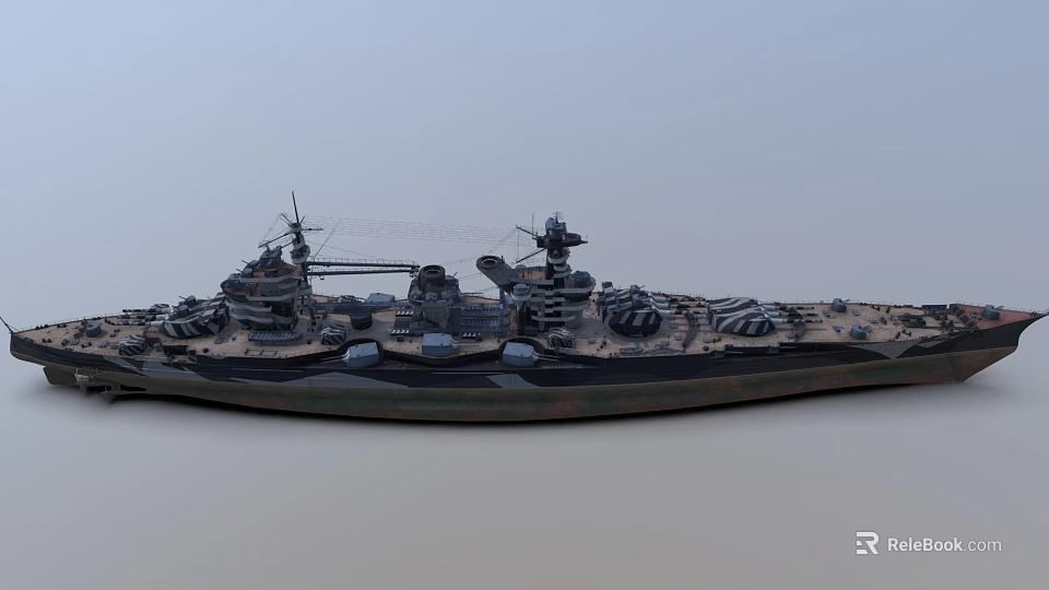 Vintage Warship 3D Model With Deck Turrets Antennas And Light Blue Sky Background 3d model 