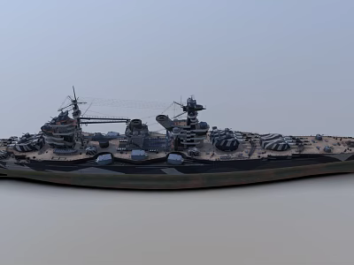 Vintage Warship 3D Model With Deck Turrets Antennas And Light Blue Sky Background 3d model