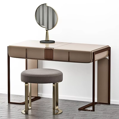Modern Elegant Vanity Table With Beige Leather Surface Round Mirror And Grey Stool Metal Legs 3d model