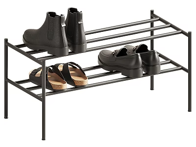 Various Style Shoes Arranged On Black Metal Multi Layer Shoe Rack 3d model