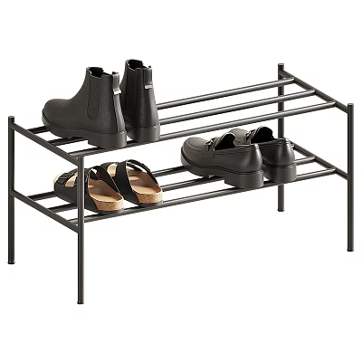 Various Style Shoes Arranged On Black Metal Multi Layer Shoe Rack 3d model