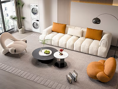 Modern White Sofa Coffee Table Set With Orange Cushions Accent Chairs And Floor Lamp 3d model