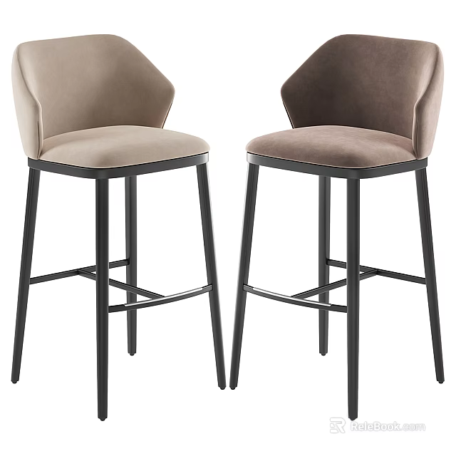 Modern Upholstered Bar Stools With Black Metal Legs And Beige Taupe Seats 3d model 