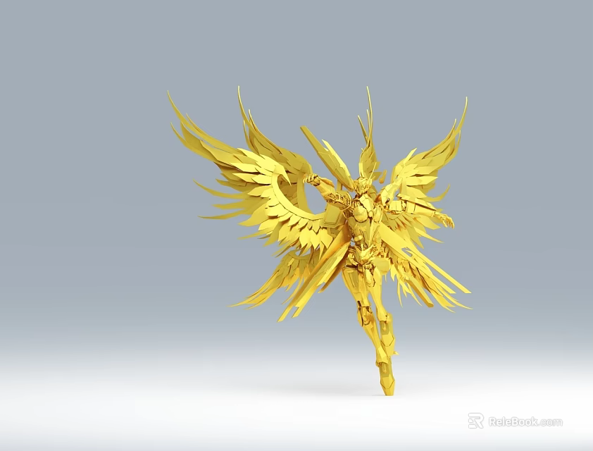 Golden Armored Game And Movie Character With Large Wings In Dynamic Pose 3d model 