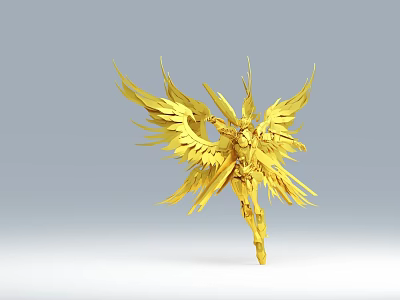Golden Armored Game And Movie Character With Large Wings In Dynamic Pose 3d model