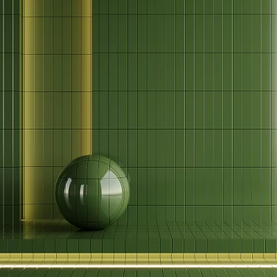 Abstract Painting Featuring Green Tiled Wall Yellow Vertical Stripe Green Sphere And Green Tiled Floor 3d model