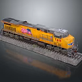 Yellow Union Pacific Train Model With American Flag On Railroad Track Number 745