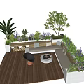 Outdoor Landscape Seating with Wooden Deck Surrounding Green Plants and Fire Pit