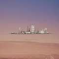 Industrial Oilfield Architecture With Tall Towers Pipes And Flaming Torch Under Sunset Sky