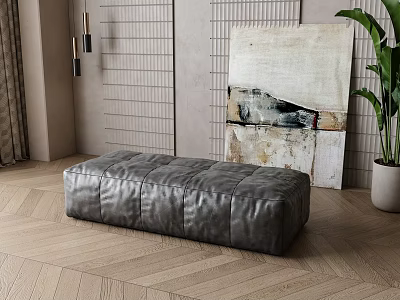 Gray Leather Ottoman in Modern Room with Herringbone Floor Woven Wire Wall Art Abstract Painting 3d model
