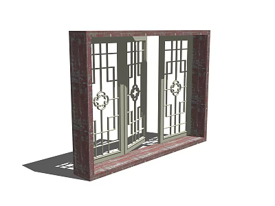 Traditional Chinese Wooden Window With Intricate Carved Lattice And Double Doors 3d model
