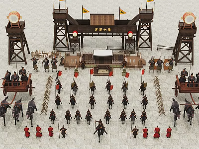 Ancient Architectural City Gate With Flags Soldiers And Drum Towers Layout 3d model