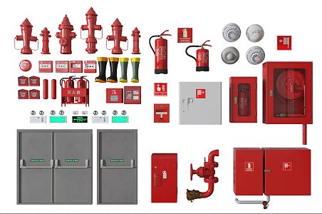 modern fire fighting equipment fire extinguisher fire hydrant fire door 3d model