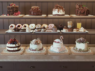 Variety Of Decorated Cakes Donuts And Beverages On Bakery Display Shelves 3d model