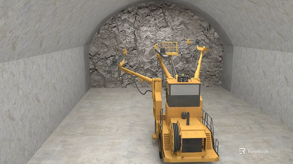 Construction Site Tunnel Construction With Yellow Heavy Machinery And Rocky Walls 3d model 
