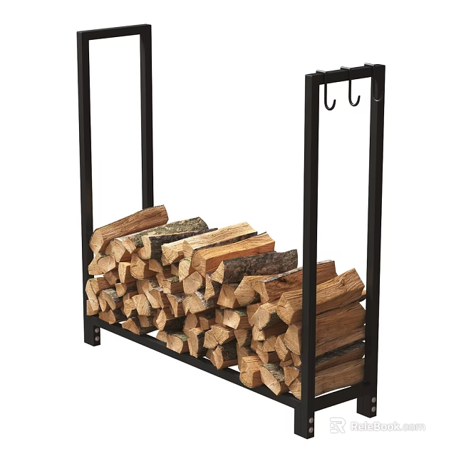 Stone Wood Firewood Storage Rack With Black Metal Frame Stacked Logs And Hooks 3d model 