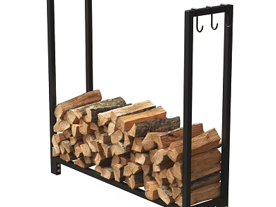 Stone Wood Firewood Storage Rack With Black Metal Frame Stacked Logs And Hooks 3d model