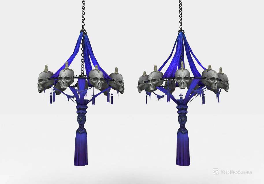 Skull Ornamented Chandelier With Blue Tassels And Unique Gothic Hanging Design 3d model 