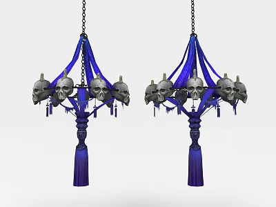 Skull Ornamented Chandelier With Blue Tassels And Unique Gothic Hanging Design 3d model