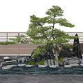 Serene Garden Ornamental Landscape With Pine Tree Rockery Stones Water Feature And Wooden Railing