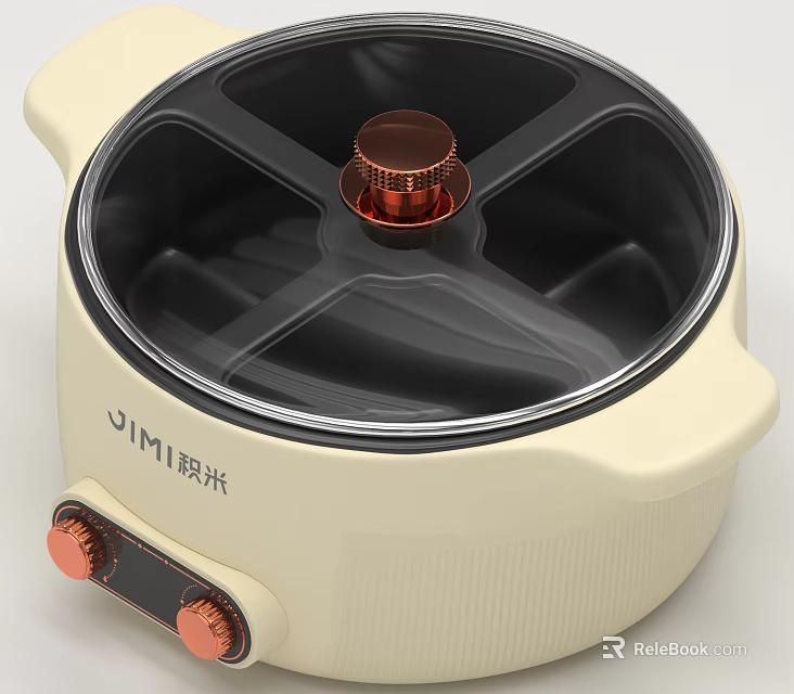 Multi Compartment Cream Colored Electric Hot Pot With Glass Lid And Knob Control 3d model 
