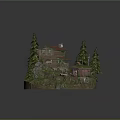 Charming Cartoon Scene With Small House Pine Trees Rocks And Vintage Car