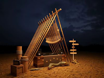 Commercial DJ Equipment with Illuminated Lights in Sandy Night Outdoor Setup Wooden Frame and Signpost 3d model