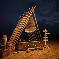 Commercial DJ Equipment with Illuminated Lights in Sandy Night Outdoor Setup Wooden Frame and Signpost
