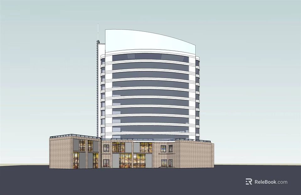Modern Curved Multi Storey Building With Base Structure And Entrance Windows 3d model