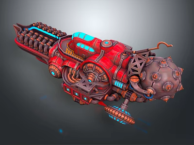 Red Wooden Boat With Blue Windows Mechanical Gears And Metal Decorative Elements 3d model