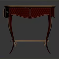 Ornate Red Table With Striped Top Gold Accents Drawers Lower Shelf And Curved Legs