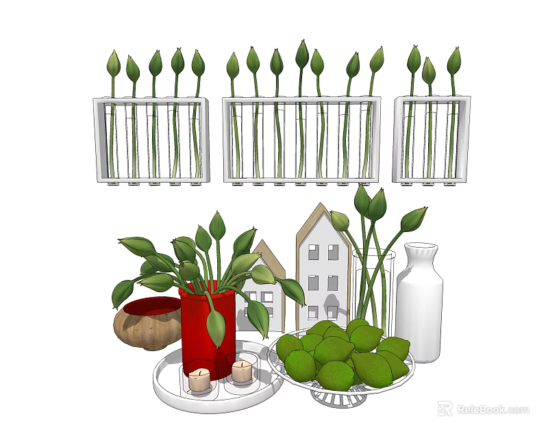 Decorative Ornamental Set With Test Tube Plants Red Pot House Model White Vase Green Decor 3d model 