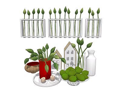 Decorative Ornamental Set With Test Tube Plants Red Pot House Model White Vase Green Decor 3d model
