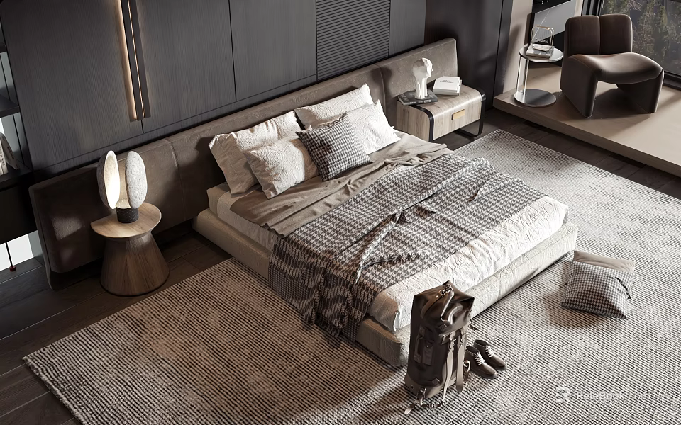 Modern Double Bed with Upholstered Headboard Textured Blanket Plush Pillows and Side Tables 3d model 