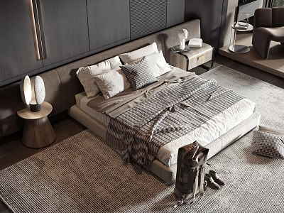 Modern Double Bed with Upholstered Headboard Textured Blanket Plush Pillows and Side Tables 3d model