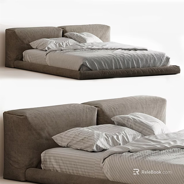 Modern Minimalist Double Bed With Fabric Headboard Low Profile Frame And Striped Linen Bedding 3d model 