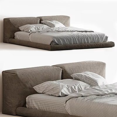 Modern Minimalist Double Bed With Fabric Headboard Low Profile Frame And Striped Linen Bedding 3d model