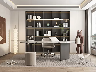 Qui Ji Study Room Desk and Chair Combination Bookcase Decorative Cabinet Green Plant Ornaments Chandelier 3d model