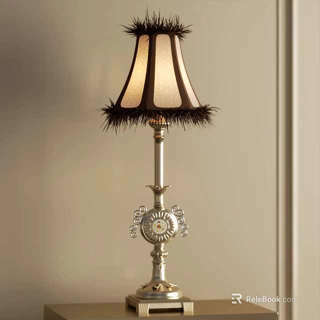 Elegant Table Lamp With Feather Trimmed Shade And Ornate Metallic Base 3d model 
