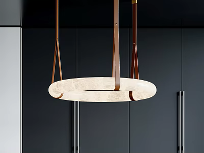Modern Round Pendant Light With Leather Straps And Cream Shade In Dark Cabinet Kitchen 3d model