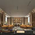 Elegant Modern Hotel Lobby Interior With Plush Sofas Columns Fireplace And Large Windows 3d model