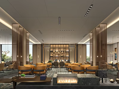 Elegant Modern Hotel Lobby Interior With Plush Sofas Columns Fireplace And Large Windows 3d model
