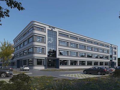 Modern Multi Story Office Building With Large Glass Windows Parking Lot And Greenery 3d model