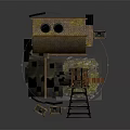 Wooden Cottage Building With Windmill Structure Multiple Windows Dark Roof And Connected Platforms Stairs