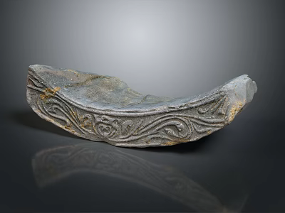 Historical Ancient Curved Stone Artifact Featuring Intricate Scroll Carved Patterns 3d model