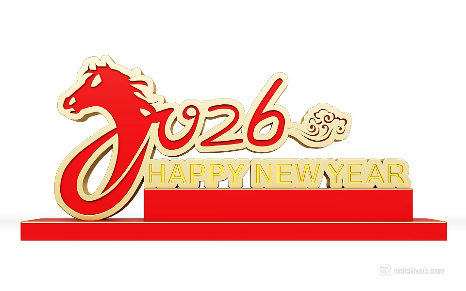 3D Text Design For 2026 Happy New Year With Red Gold Horse Figure 3d model 