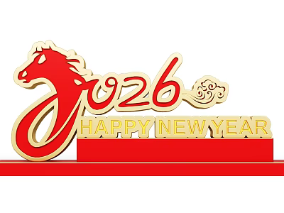 3D Text Design For 2026 Happy New Year With Red Gold Horse Figure 3d model