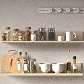 Kitchen Decorative Ornament Combination With Wooden Shelves Glass Jars Ceramic Bowls And White Mug