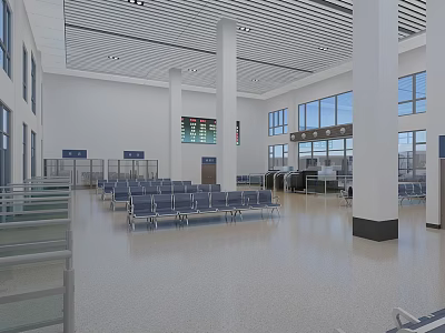 Modern Station Waiting Hall With Blue Seats Large Windows And Display Screen 3d model